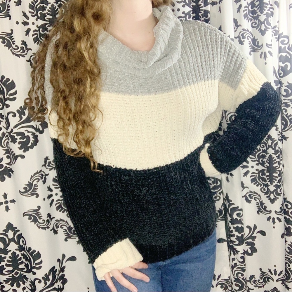 Poof! Color Block Chenille Turtleneck Sweater